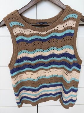 Democracy Scalloped Wave Stripe Tank Sweater in Brown, Cream, Navy & Aqua